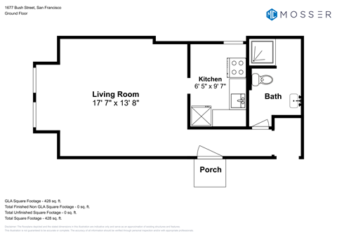 Floor plan for studio, 1 bath, 500 sqft